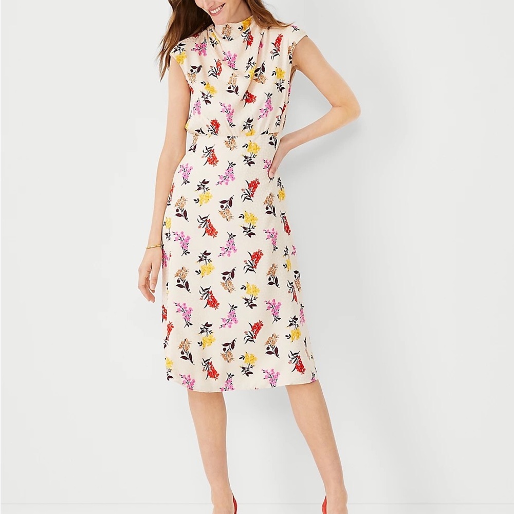Ann Taylor Floral Mock Neck Midi Flare Dress